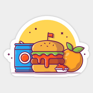 Burger with Soda, Ketchup, and Orange Fruit Cartoon Vector Icon Illustration Sticker